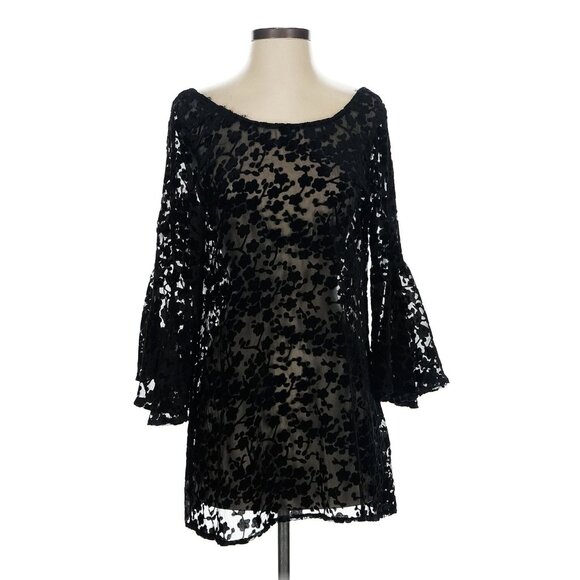 Gypsy Junkies x Free People Black Boho Bell Sleeve Strappy Back Mini Dress Tunic - Picture 2 of 11